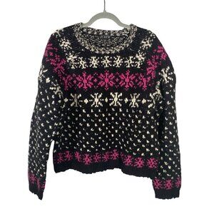 J.Crew Womens Fair Isle Knit Sweater L Black/White/Pink chunky boxy